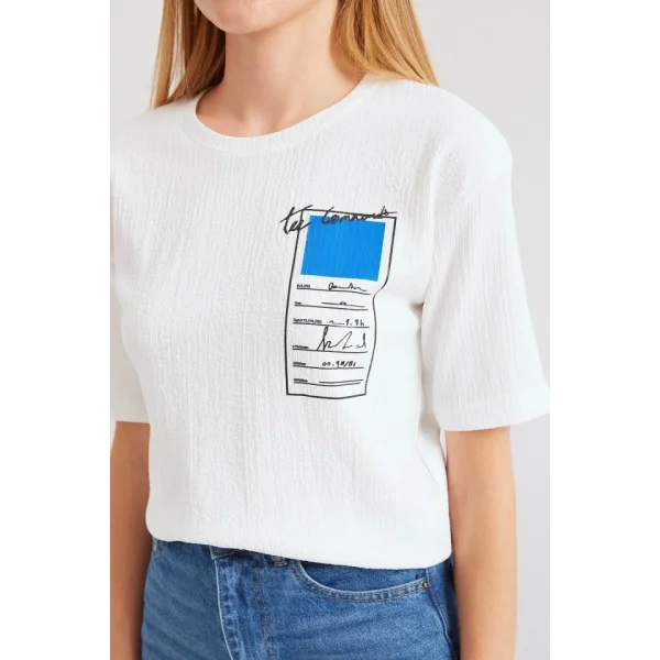 911 Baskılı Örme Basic Tişört - Mavi