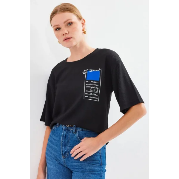 911 Baskılı Örme Basic Tişört - Siyah