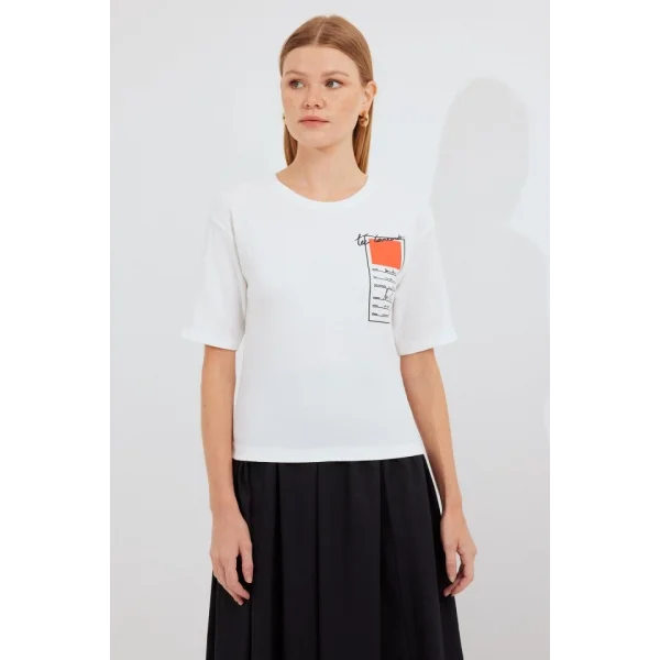 911 Baskılı Örme Basic Tişört - Turuncu