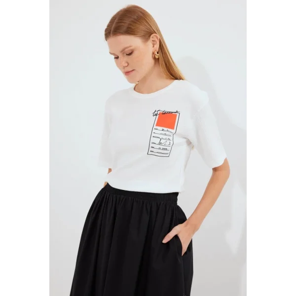 911 Baskılı Örme Basic Tişört - Turuncu