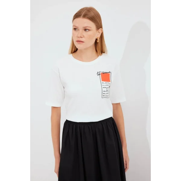 911 Baskılı Örme Basic Tişört - Turuncu