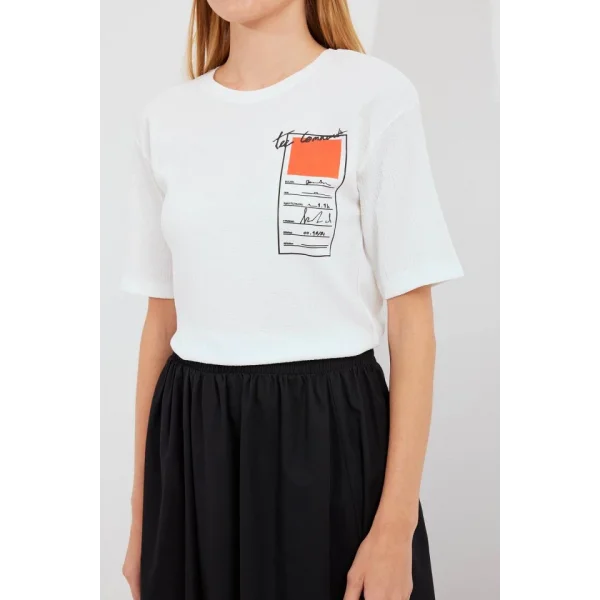 911 Baskılı Örme Basic Tişört - Turuncu