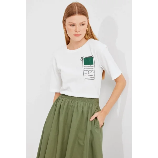 911 Baskılı Örme Basic Tişört - Yeşil