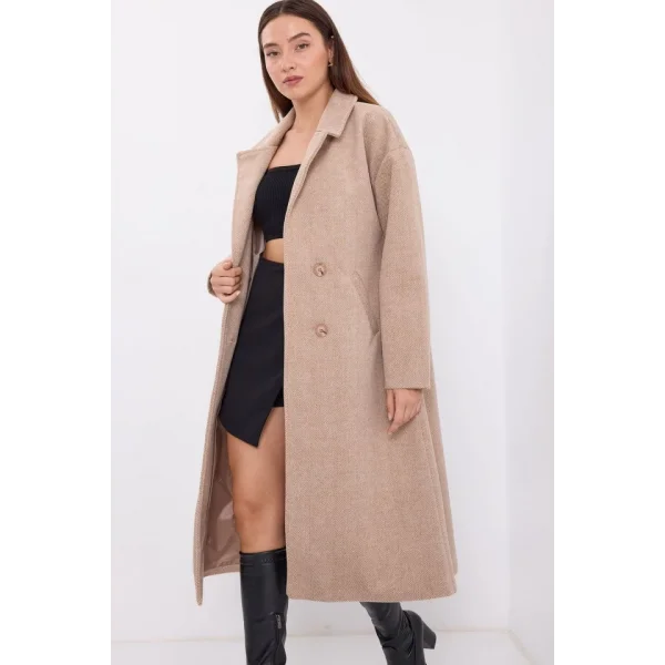9113 Oversize Geniş Kesim Yünlü Uzun Kaşe Kaban  Bisküvi