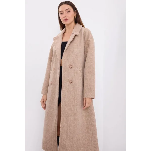 9113 Oversize Geniş Kesim Yünlü Uzun Kaşe Kaban  Bisküvi