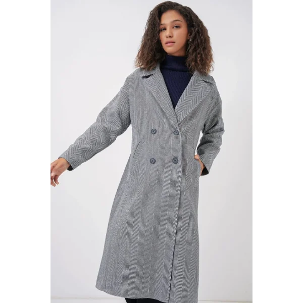 9113 Oversize Geniş Kesim Yünlü Uzun Kaşe Kaban  F.Lacivert