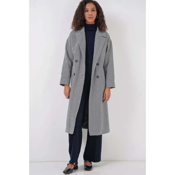 9113 Oversize Geniş Kesim Yünlü Uzun Kaşe Kaban  F.Lacivert