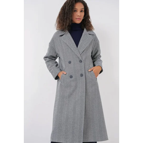 9113 Oversize Geniş Kesim Yünlü Uzun Kaşe Kaban  F.Lacivert