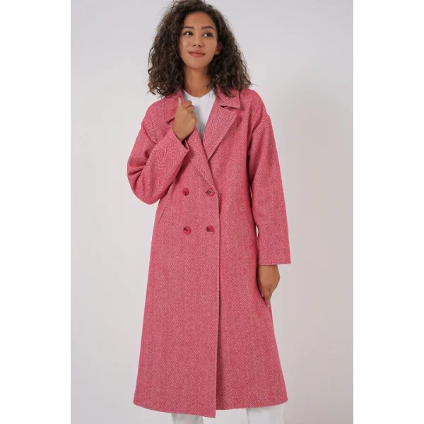 9113 Oversize Geniş Kesim Yünlü Uzun Kaşe Kaban  Kırmızı