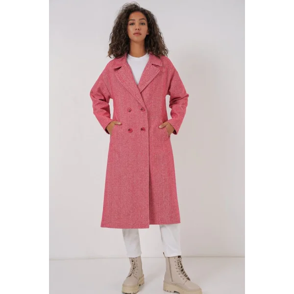 9113 Oversize Geniş Kesim Yünlü Uzun Kaşe Kaban  Kırmızı