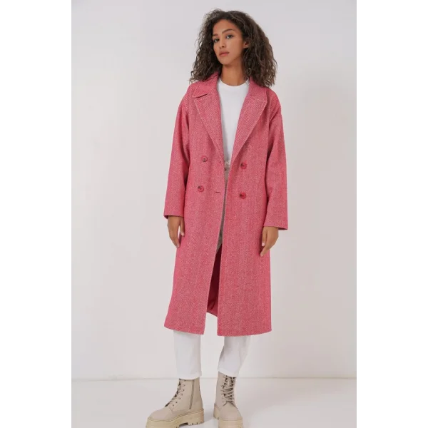 9113 Oversize Geniş Kesim Yünlü Uzun Kaşe Kaban  Kırmızı