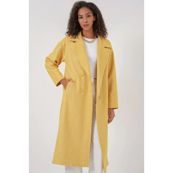 9113 Oversize Geniş Kesim Yünlü Uzun Kaşe Kaban  Sarı