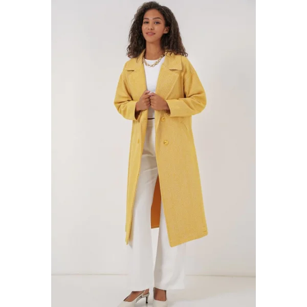 9113 Oversize Geniş Kesim Yünlü Uzun Kaşe Kaban  Sarı