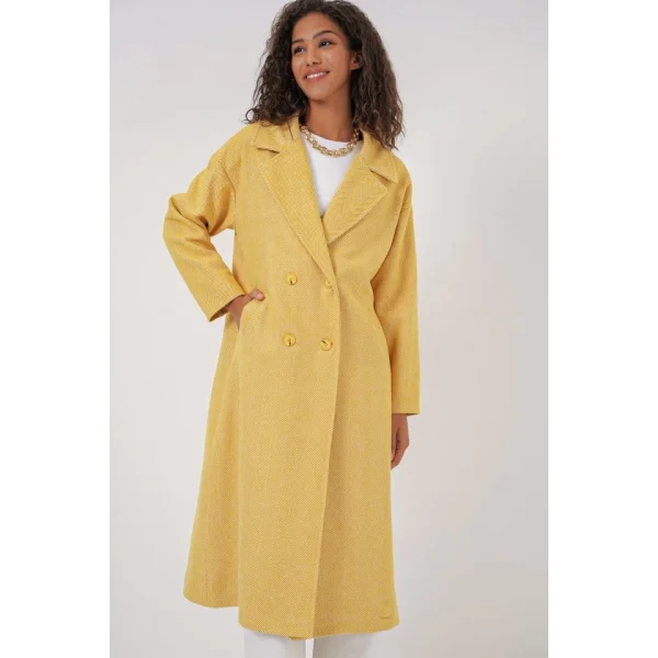 9113 Oversize Geniş Kesim Yünlü Uzun Kaşe Kaban  Sarı