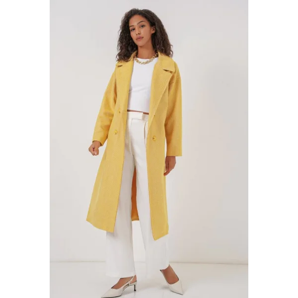 9113 Oversize Geniş Kesim Yünlü Uzun Kaşe Kaban  Sarı