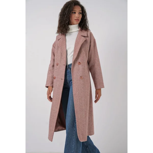 9113 Oversize Geniş Kesim Yünlü Uzun Kaşe Kaban  Somon