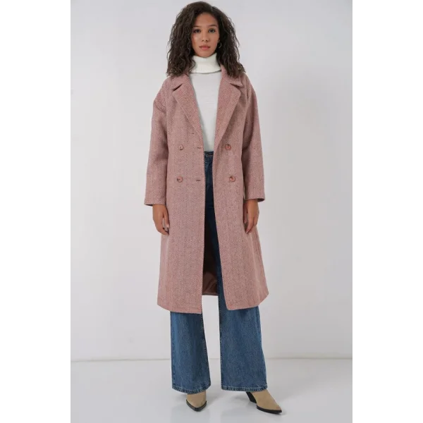 9113 Oversize Geniş Kesim Yünlü Uzun Kaşe Kaban  Somon