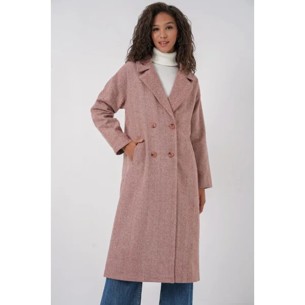 9113 Oversize Geniş Kesim Yünlü Uzun Kaşe Kaban  Somon