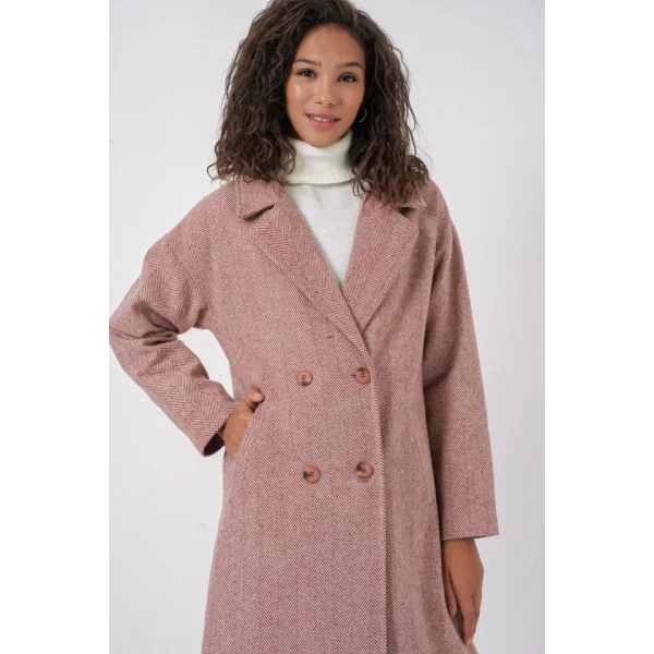 9113 Oversize Geniş Kesim Yünlü Uzun Kaşe Kaban  Somon