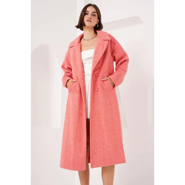 9113 Oversize Geniş Kesim Yünlü Uzun Kaşe Kaban  Turuncu