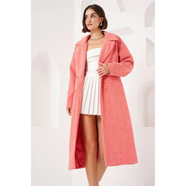 9113 Oversize Geniş Kesim Yünlü Uzun Kaşe Kaban  Turuncu