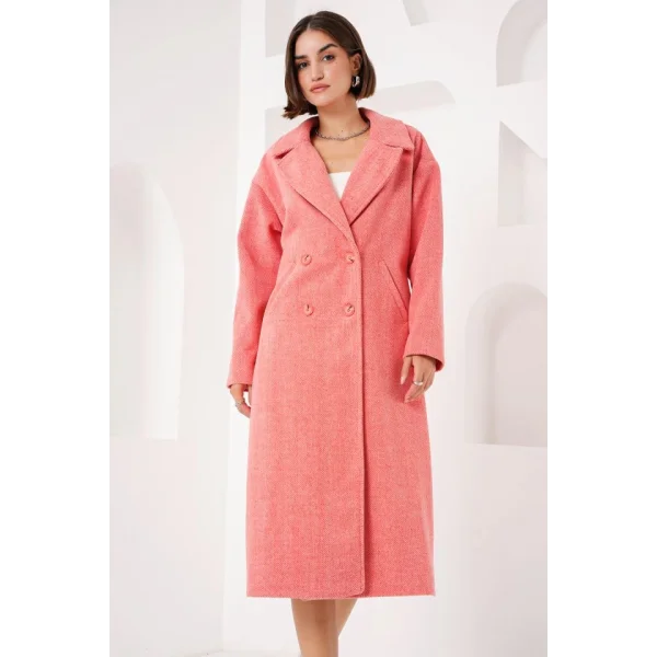 9113 Oversize Geniş Kesim Yünlü Uzun Kaşe Kaban  Turuncu