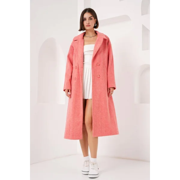 9113 Oversize Geniş Kesim Yünlü Uzun Kaşe Kaban  Turuncu