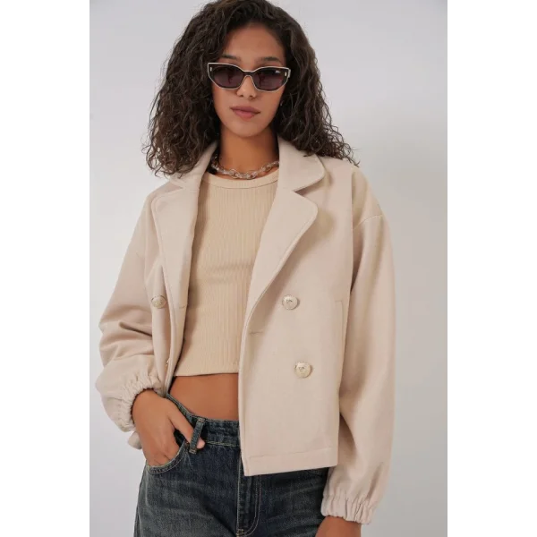 9117 Kruvaze Yaka Crop Ceket  Bej