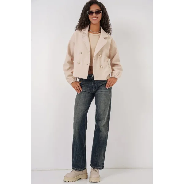 9117 Kruvaze Yaka Crop Ceket  Bej