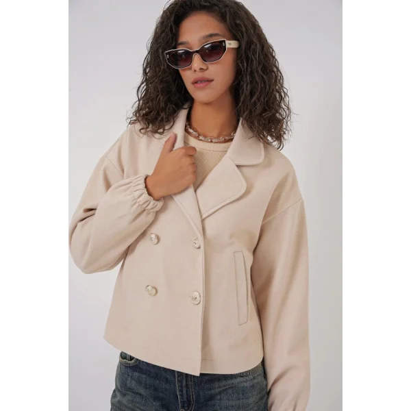 9117 Kruvaze Yaka Crop Ceket  Bej