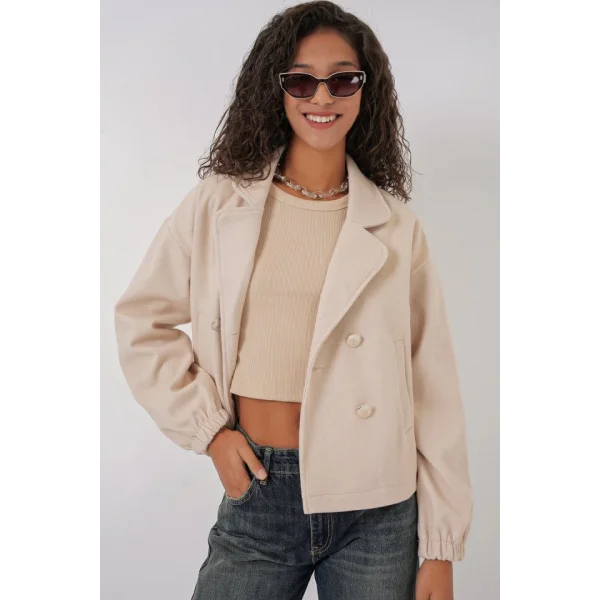 9117 Kruvaze Yaka Crop Ceket  Bej