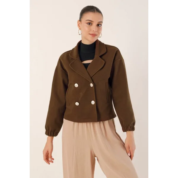 9117 Kruvaze Yaka Crop Ceket  Kahverengi