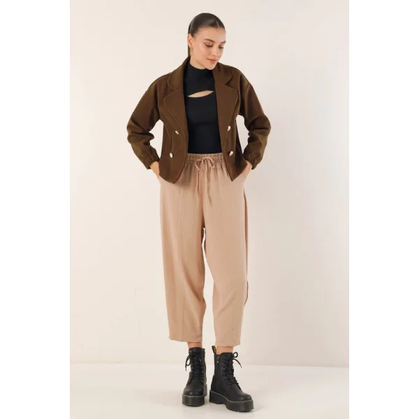 9117 Kruvaze Yaka Crop Ceket  Kahverengi