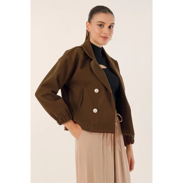 9117 Kruvaze Yaka Crop Ceket  Kahverengi