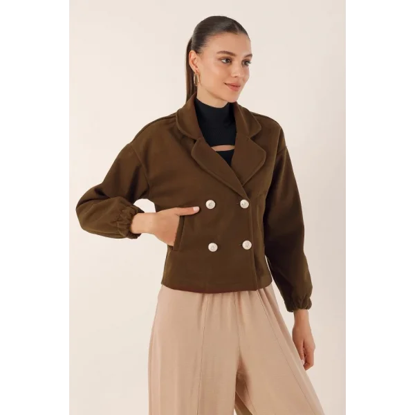9117 Kruvaze Yaka Crop Ceket  Kahverengi