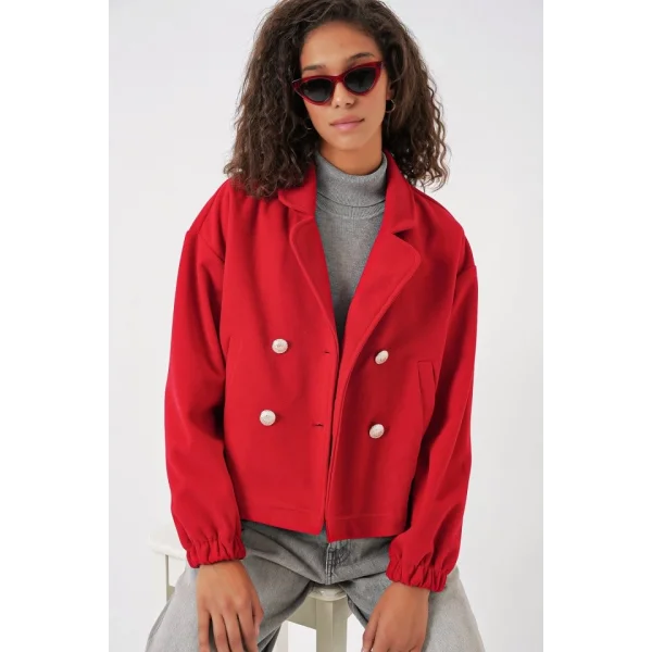 9117 Kruvaze Yaka Crop Ceket  Kırmızı