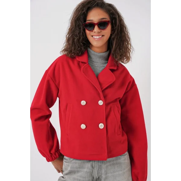 9117 Kruvaze Yaka Crop Ceket  Kırmızı