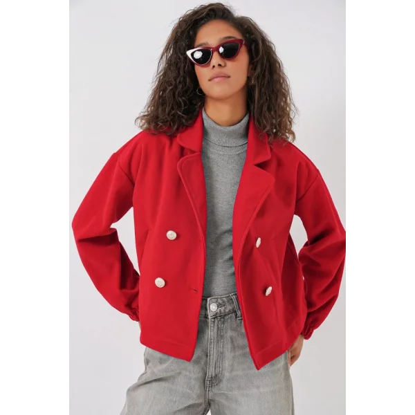 9117 Kruvaze Yaka Crop Ceket  Kırmızı