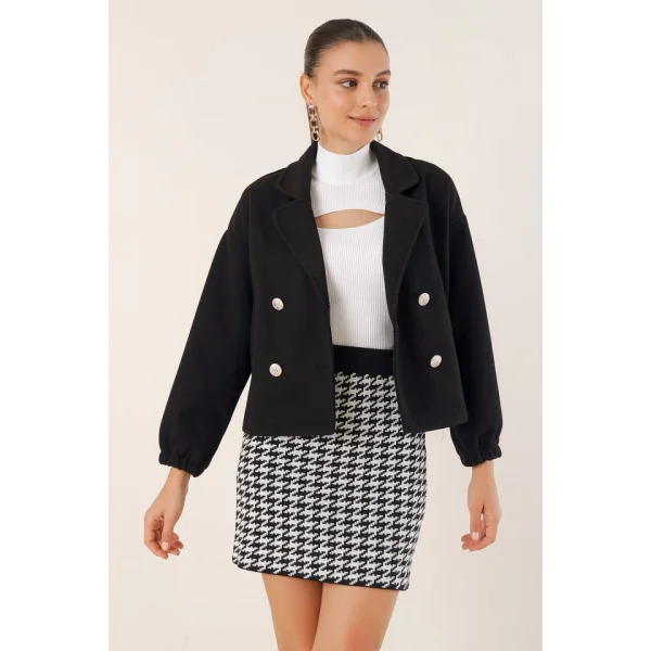 9117 Kruvaze Yaka Crop Ceket  Siyah