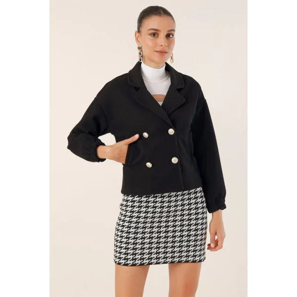 9117 Kruvaze Yaka Crop Ceket  Siyah