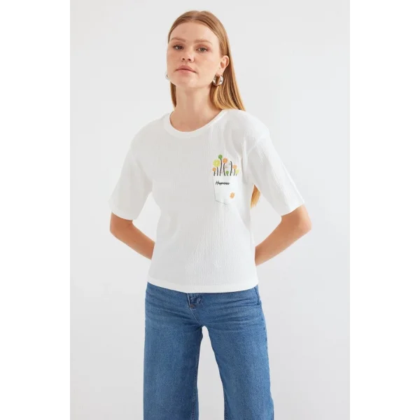 912 Baskılı Örme Basic Tişört - Beyaz