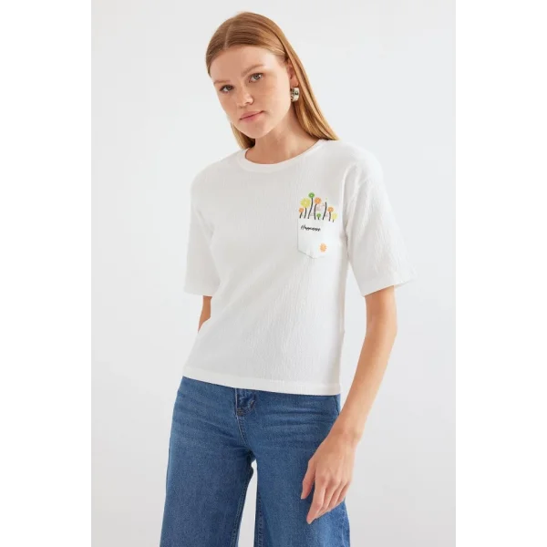 912 Baskılı Örme Basic Tişört - Beyaz