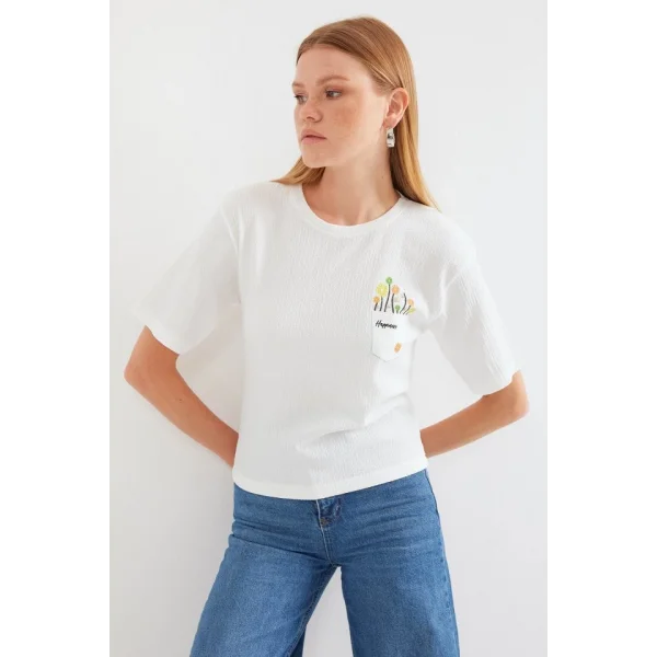 912 Baskılı Örme Basic Tişört - Beyaz