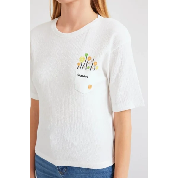 912 Baskılı Örme Basic Tişört - Beyaz