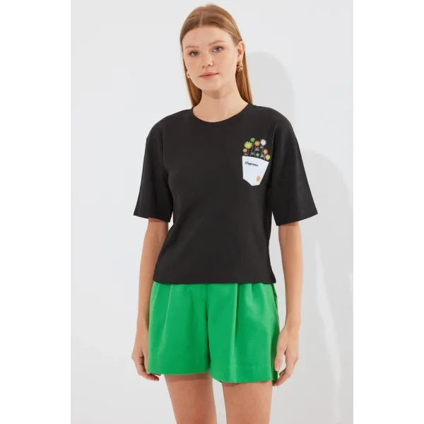 912 Baskılı Örme Basic Tişört - Siyah