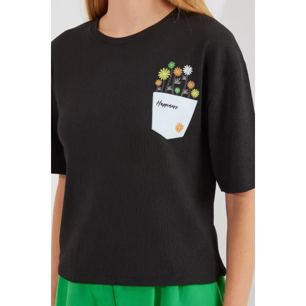 912 Baskılı Örme Basic Tişört - Siyah