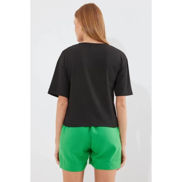 912 Baskılı Örme Basic Tişört - Siyah