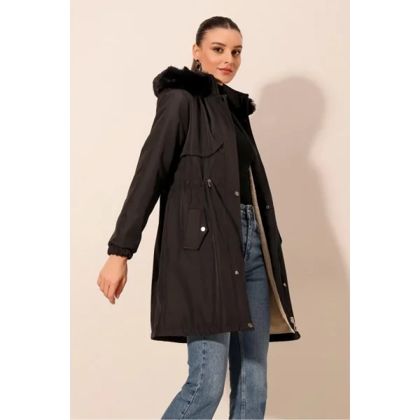 9129 Kapüşonlu Suni Kürklü Kaban - Siyah