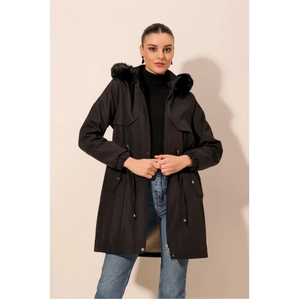 9129 Kapüşonlu Suni Kürklü Kaban - Siyah