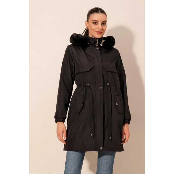 9129 Kapüşonlu Suni Kürklü Kaban - Siyah